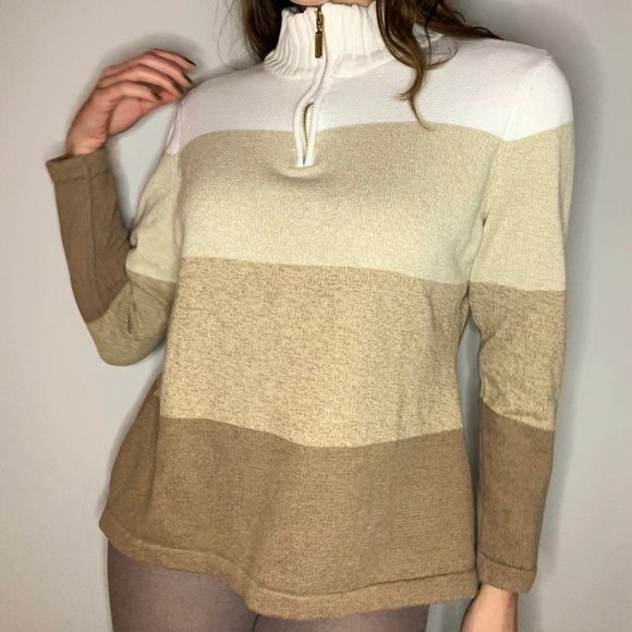 Striped Cotton 1/4-Zip Sweater Ombre Sz Large Tan - Picture 4 of 10